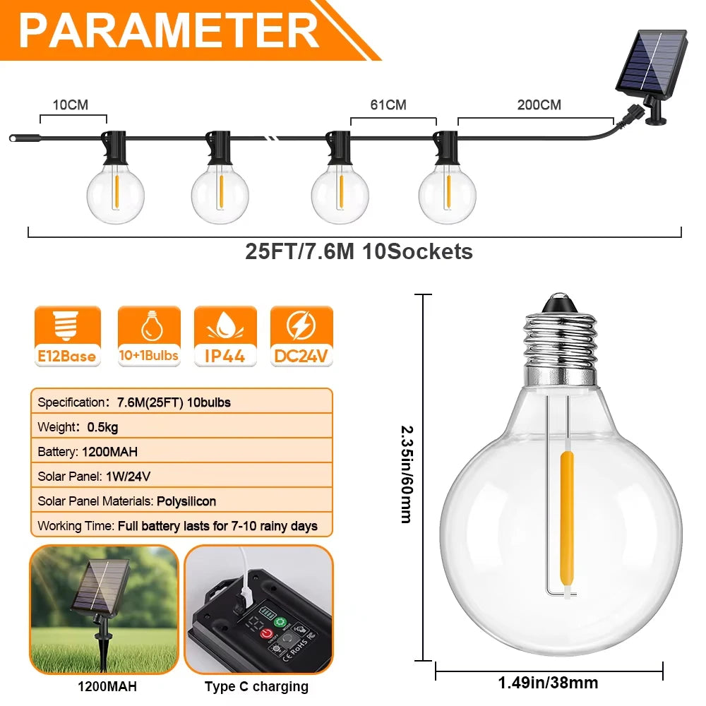 Guirnalda Solar G40 LED para Jardín, Terraza y Café Resistente al Agua