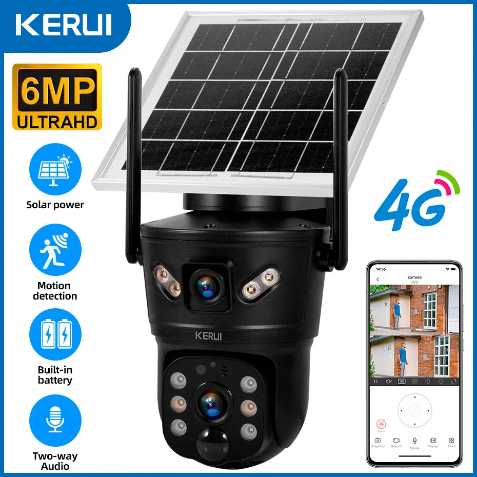 Cámara de Seguridad Solar KERUI 6MP 4G SIM WiFi Doble Lente con Panel Solar