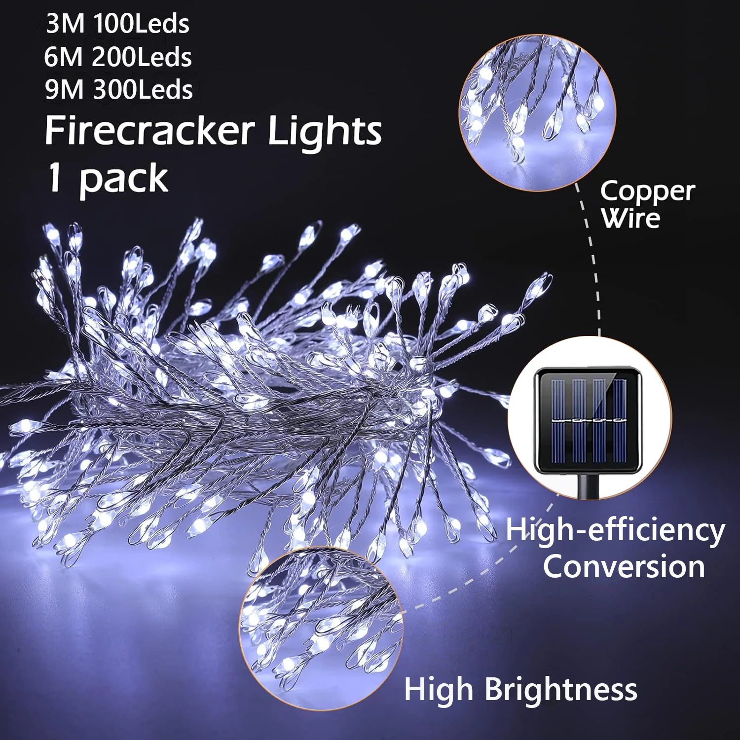 Luces Solares Petardo LED 8 Modos Hilo de Cobre para Bodas Camping y Decoración Navideña