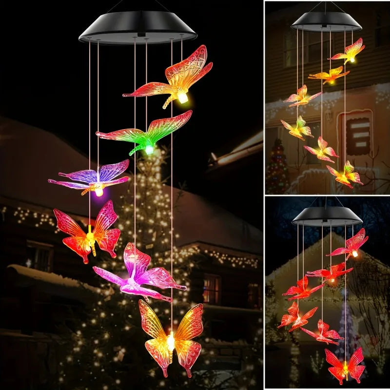 Carillón Solar Mariposa LED Multicolor Resistente al Agua Decoración Jardín y Navidad
