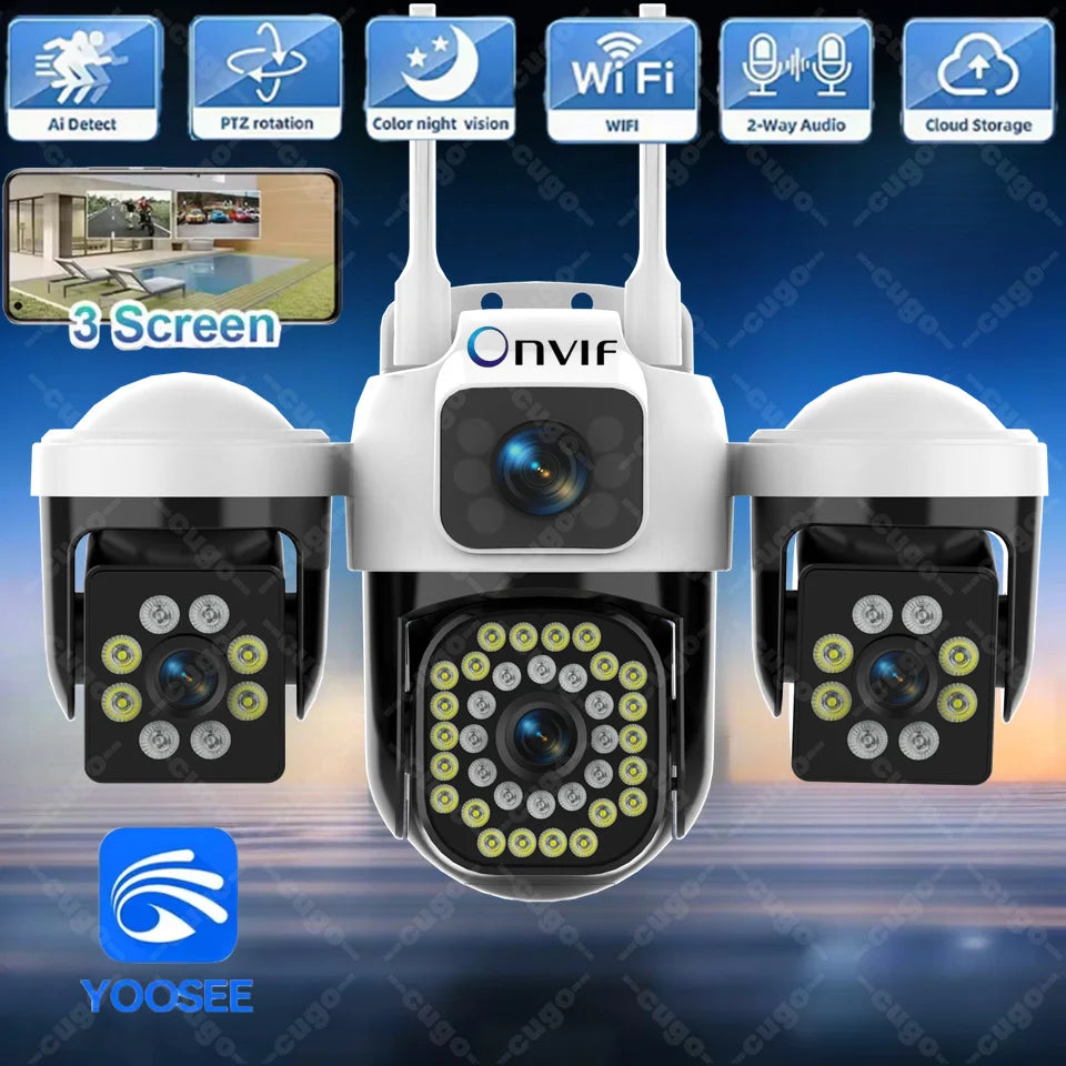 Cámara Solar WiFi 15MP 8K Triple Lente y Triple Pantalla Zoom 10X Visión Nocturna ONVIF