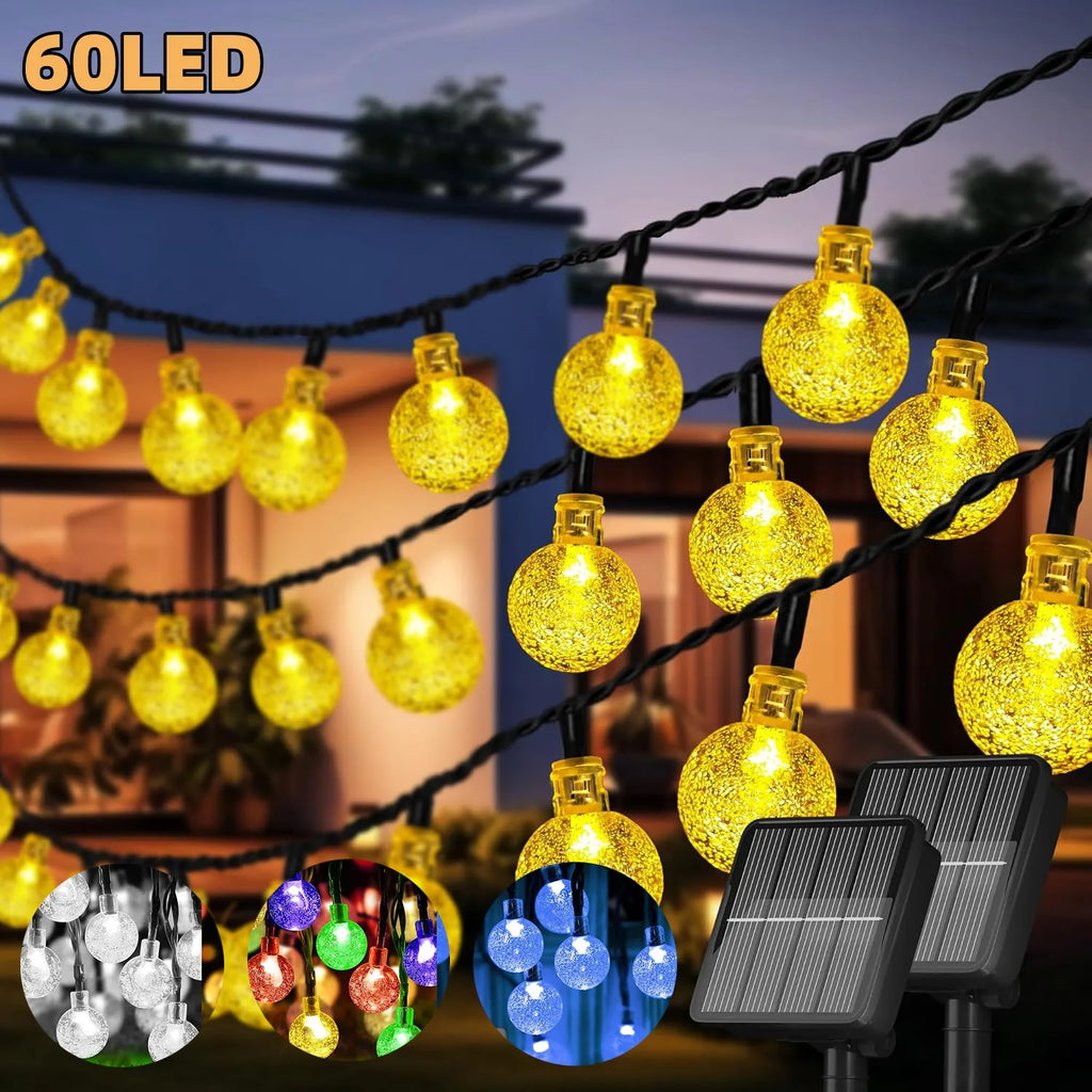 Luces Solares Bolas de Cristal Globo 8 Modos IP65 Guirnalda Navideña para Jardín y Fiestas
