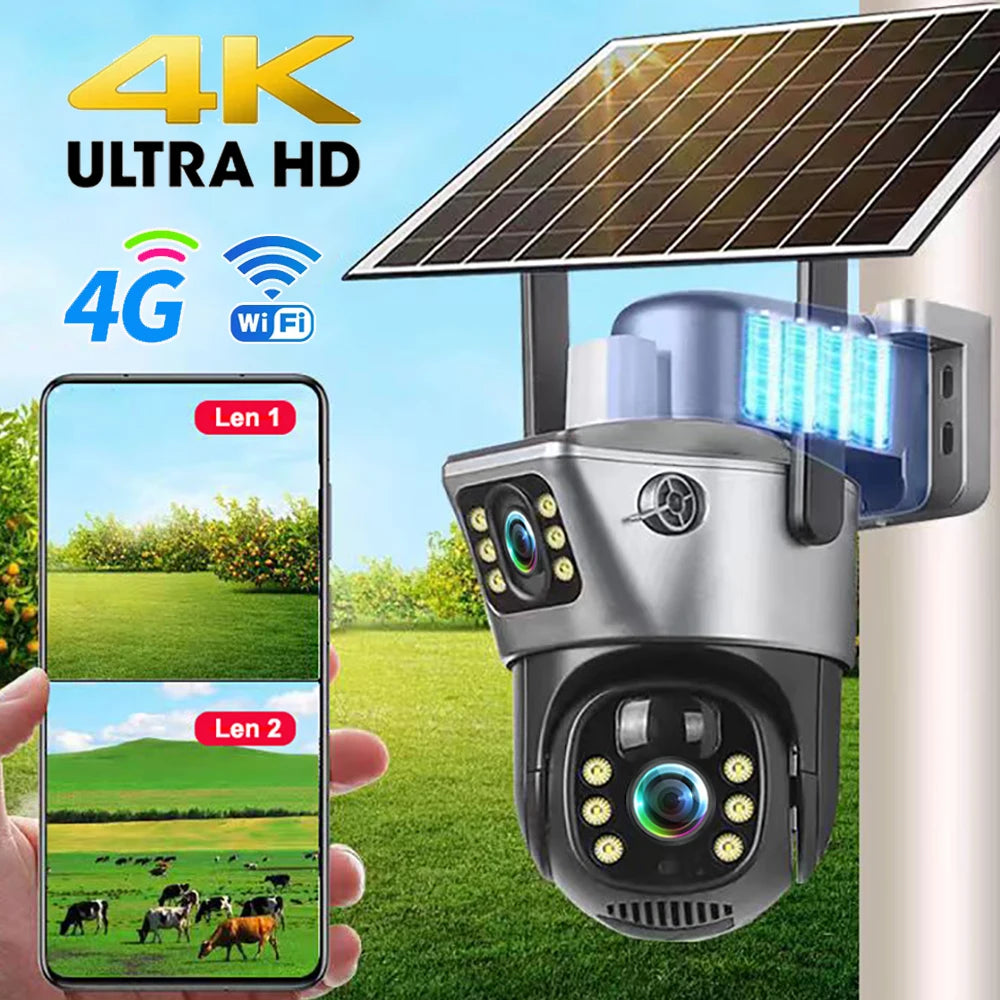 Cámara Solar 4G/WiFi Doble Lente 8MP 4K con Visión Nocturna PIR V380 Pro
