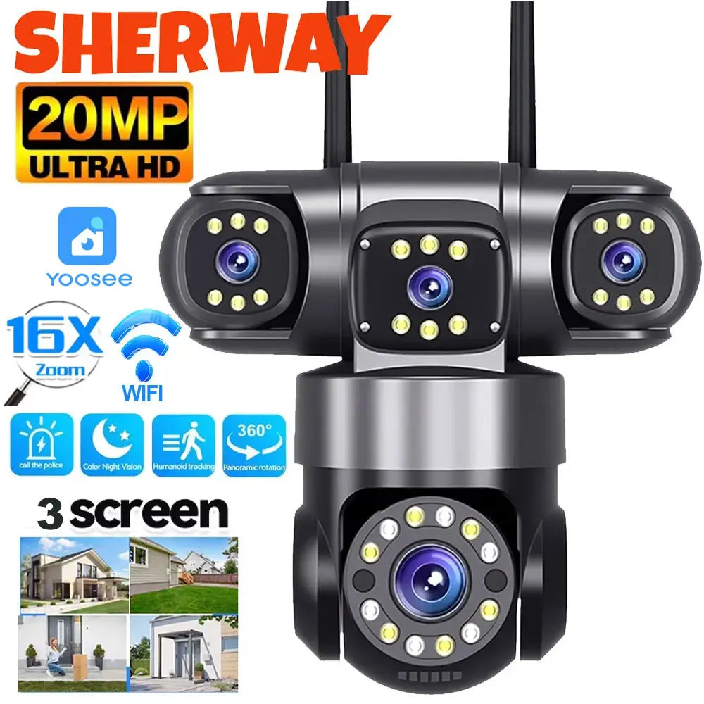 Cámara de Seguridad 20MP 10K con 4 Lentes, 3 Pantallas y Visión 360°